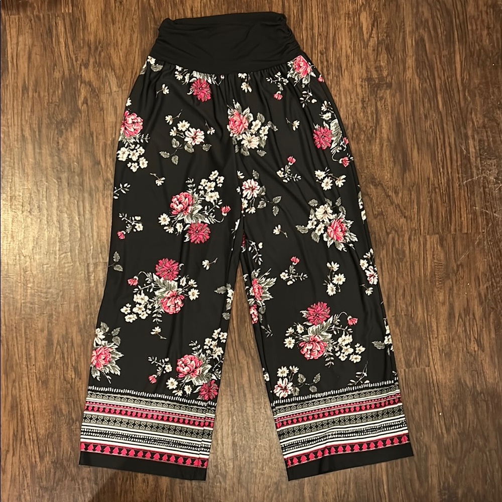 Apt. 9 Black Floral Wide Leg Pants (L)